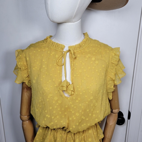MISA Yellow Polka Dot Ruffle Tiered V-Neck Mini Dress Size Small - Picture 3 of 13